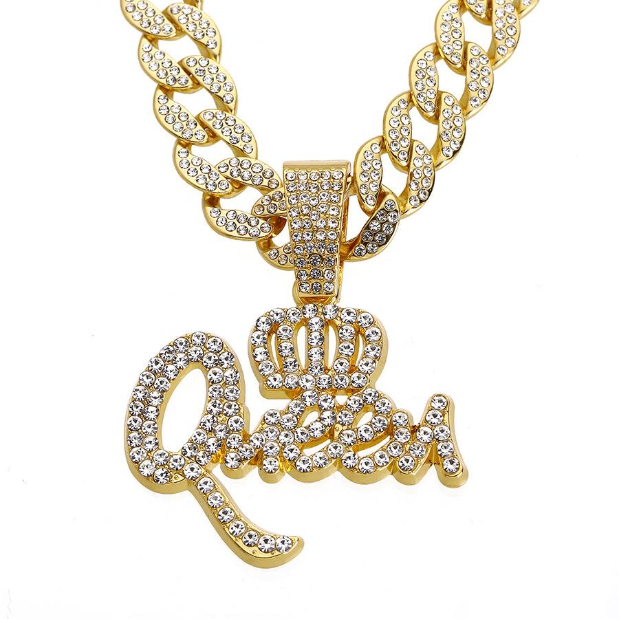 Hip Hop Zinc Alloy Crown Queen Letter Full Diamond Pendant Temperament Personality Necklace Jewelry