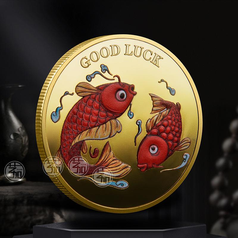 Koi three-dimensional relief color printed commemorative coins, metal crafts, badges, elephant coins