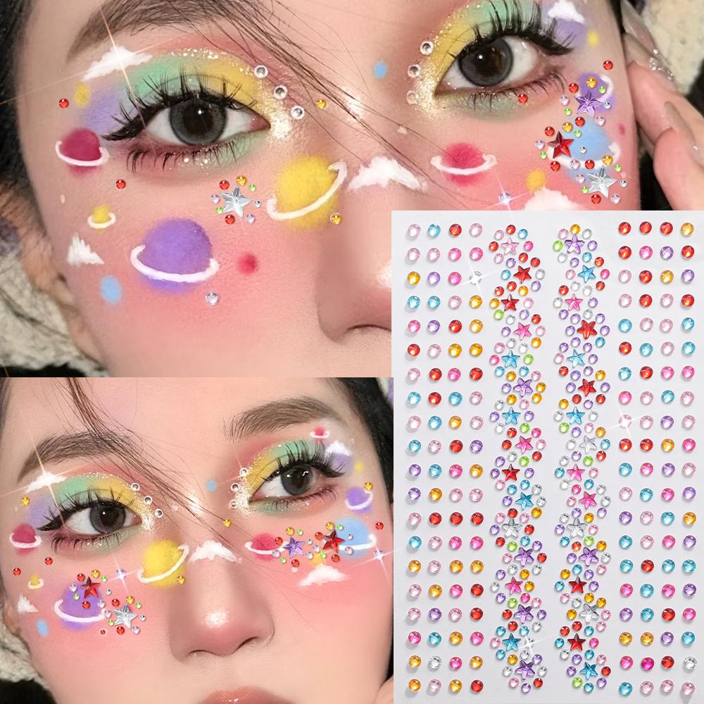 3D Colorful Star Flower Face Diamond Sticker Bling Rhinestone Self-Adhesive Fake Tattoo for Party Stage Makeup Gems Stickers
