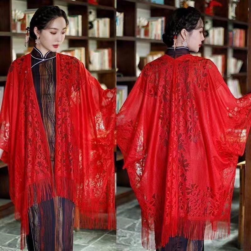 Women S Thin Ethnic Style Lace Fringe Shawl For Travel Outwear