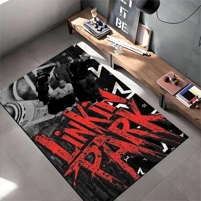 Rock Music Area Rug, Linkin Park Red Graffiti Spray Paint Band Members Urban Print, Music Fan Decor, Non-Slip Mat