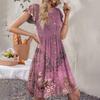 Women's Round Neck Summer Fly Sleeve Casual Printed Loose Button Pocket Midi Dresses