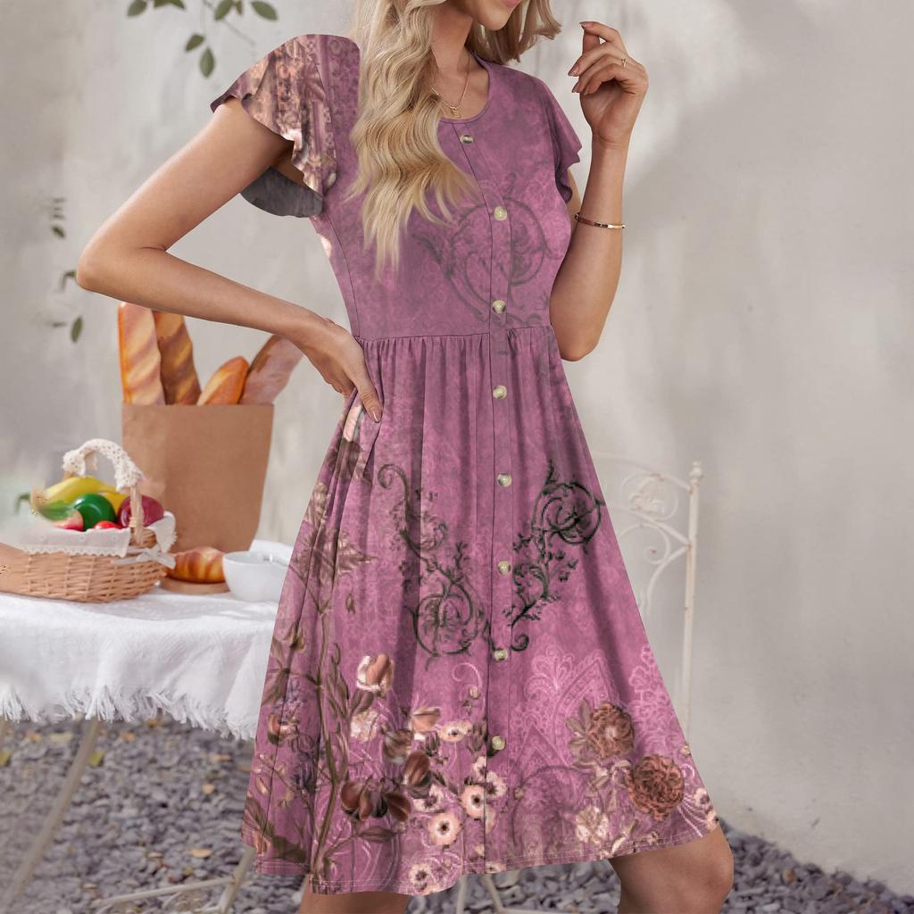 Women's Round Neck Summer Fly Sleeve Casual Printed Loose Button Pocket Midi Dresses