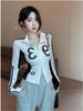 American Retro Spicy Style Waist-Cinching Stand Collar Jacket, Women's Autumn/Winter Double Zipper Color Block Top