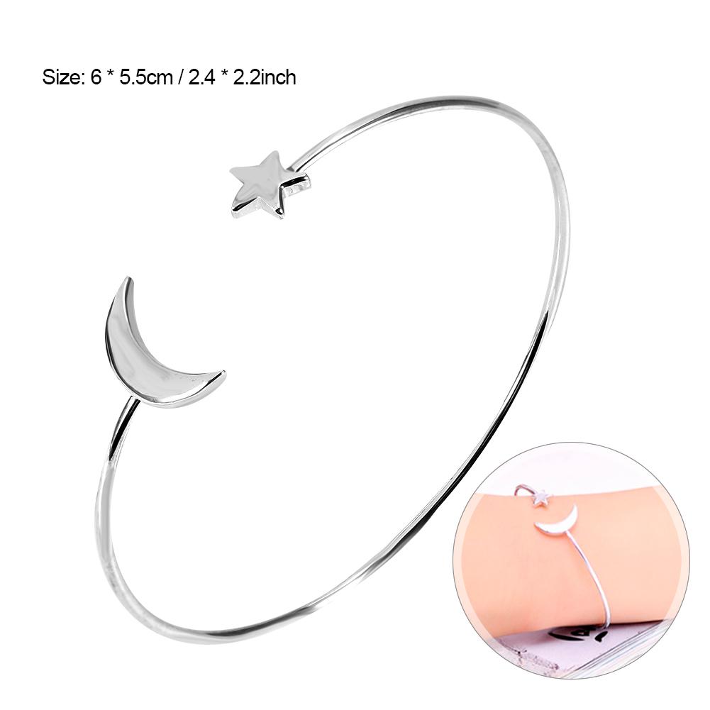 Female Open Bracelet Copper Plating Wristband Bangle with Moon Star Decoration (Silver)