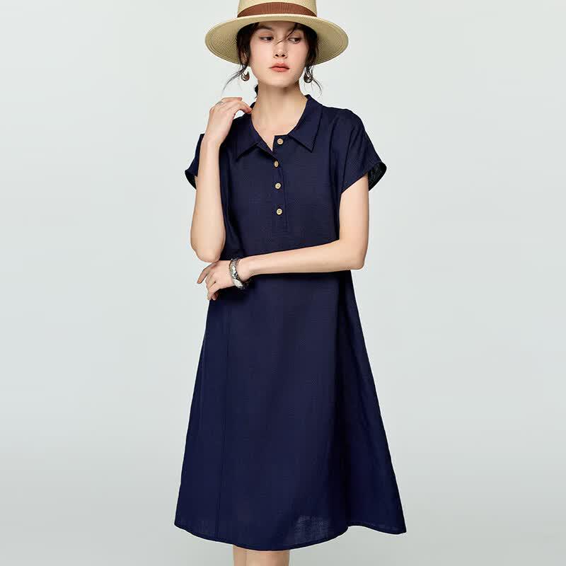 Women s French Collar Tencel-Linen Blend Summer Dress L