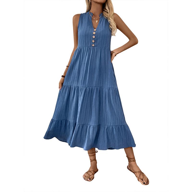 European & American Minimalist V-Neck Button Midi Dress - Sleeveless, Solid Color, Summer 2025 Collection