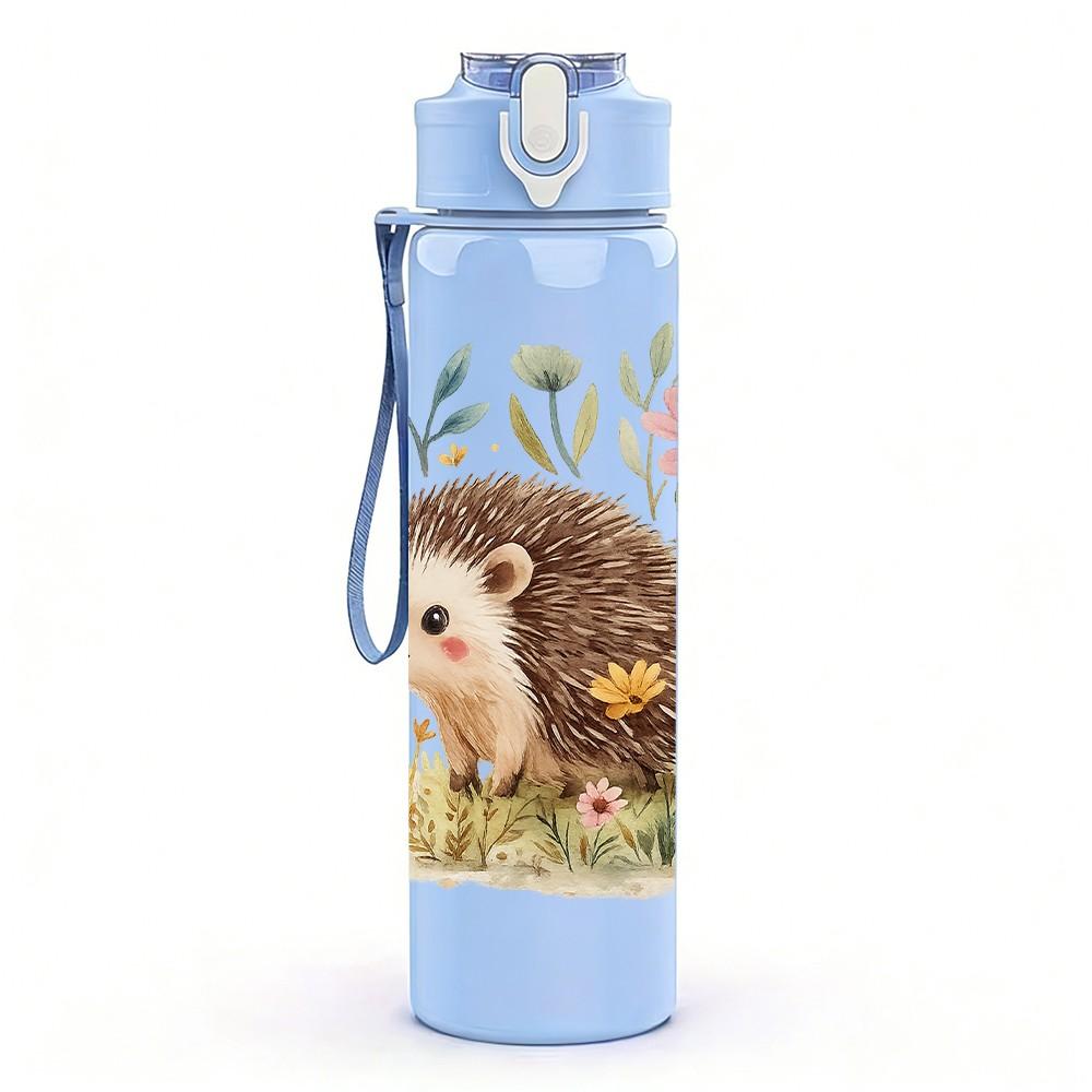 1PC Hedgehog Wildflower Floral Print 750ml Color Plastic Sports Water Bottle Leakproof Flip Straw Lid Suitable for Sports Office Home Use