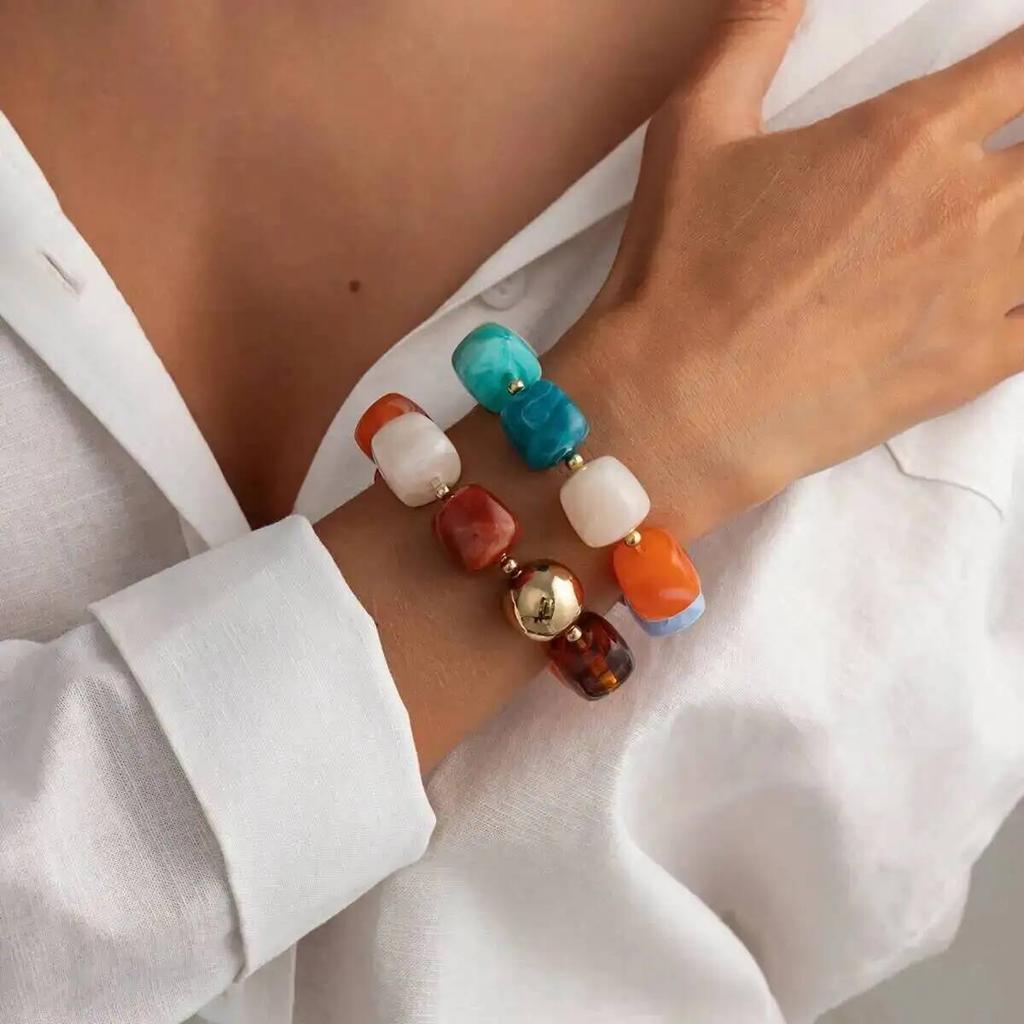 KunJoe Exaggerated Geometric Colorful Beaded Acrylic Elastic Bracelets Women Boho Trendy Square Beads Stack Bangle Retro Jewelry