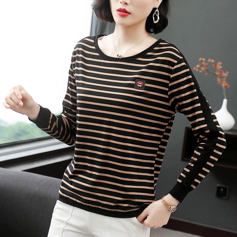 

Женская футболка весна-осень, новая полосатая рубашка с длинным рукавом, свободный топ, модная одежда с круглым вырезом 4XL