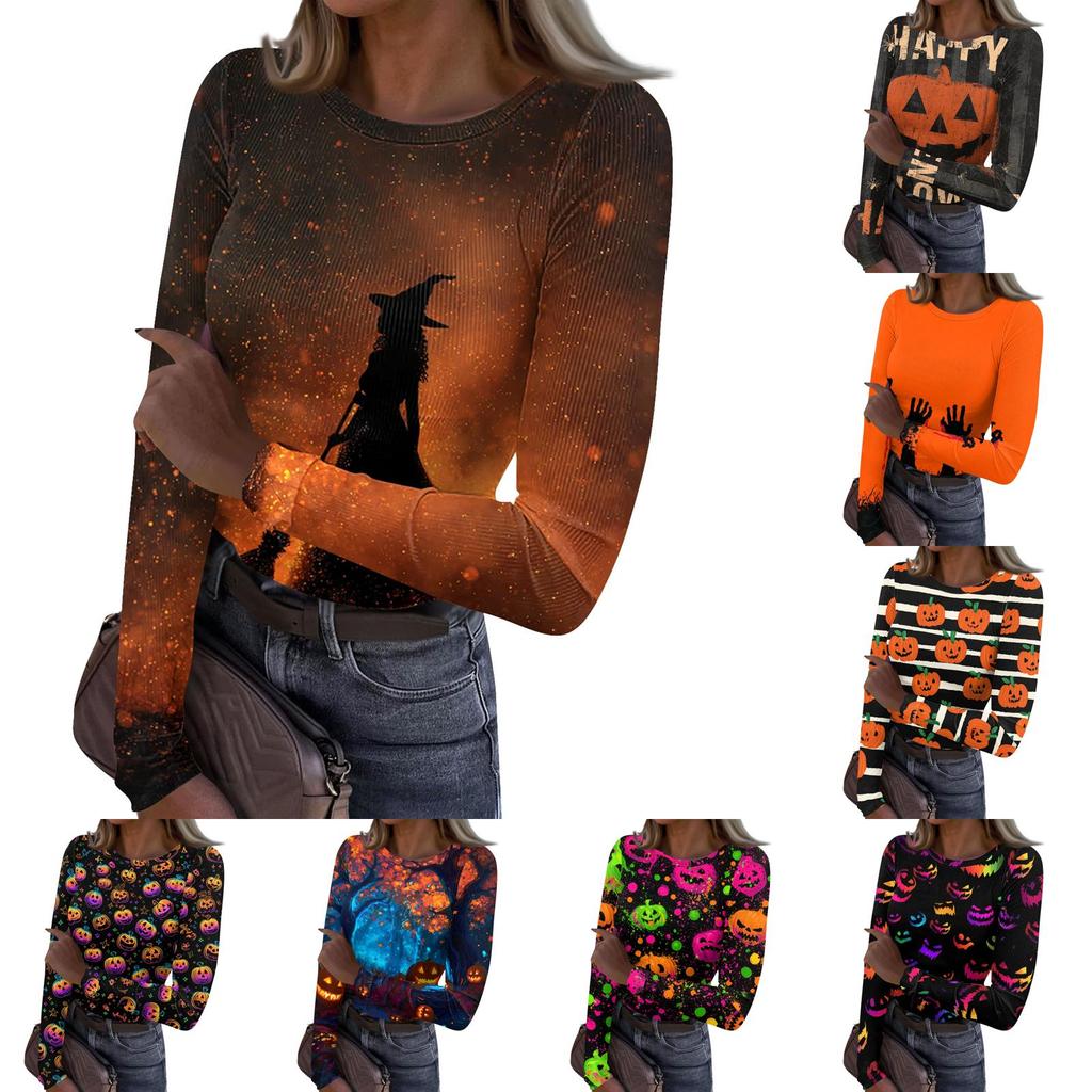 Women's Casual Fashion Long Sleeve Ribbed Top Halloween Print Round Neck Slim Fit Stretchy Knit Shirt