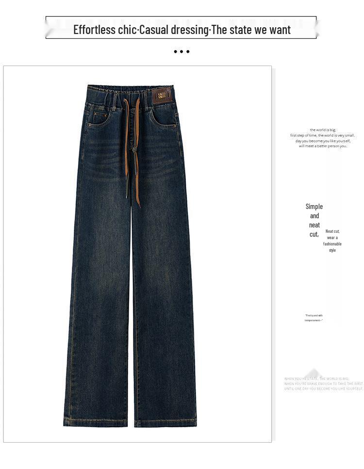 Women's Fleece-Lined Denim Wide-Leg Pants - Elastic Waist, Thickened Slimming Style for 2025 Autumn/Winter