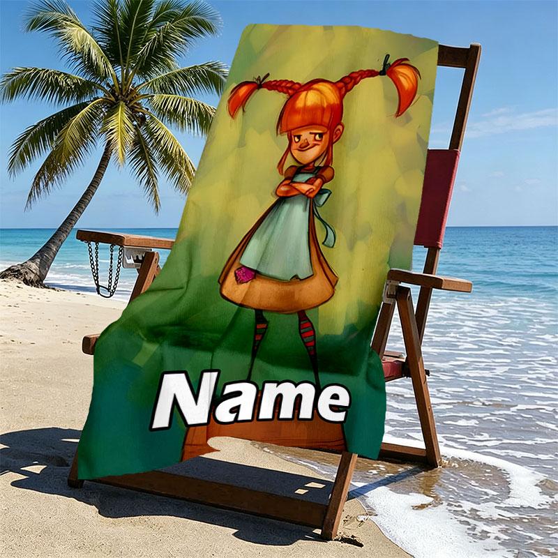 Custom Name Personalized Pippi Longstocking Print Beach Towel, for Trip Camping Beach Party Home Decor, Birthday Gift for Family & Friends