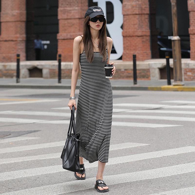 Striped Suspender Dress for Women In Summer Latest Versatile Slim Fit Slim Vest Mid-length Skirt
