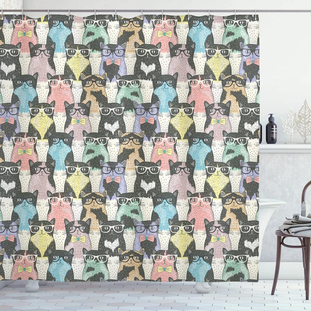 Raining Cats and Dogs Shower Curtain Funny Cartoon Cute Animal Hilarious Pets Playing Water Polyester Waterproof Bathroom Panels