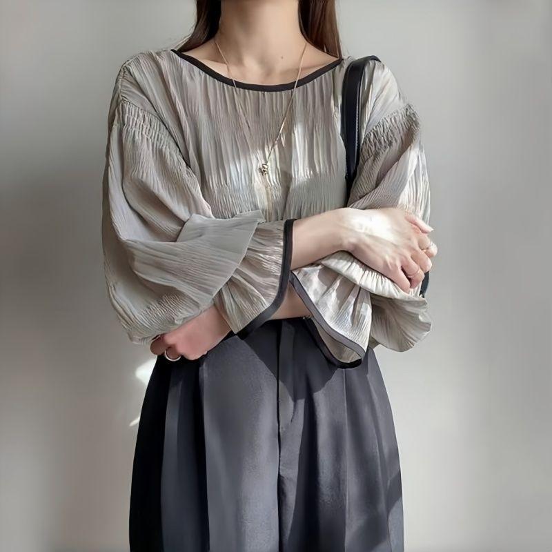 

South Korea Dongdaemun Summer Fashion New round Neck Texture Pleated Loose Puff Sleeves Long Sleeves Pullover Chiffon Shirt Khaki XL