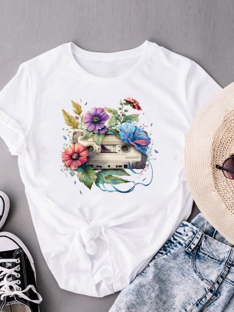 (Asian Size) love heart flower trend  Print Short Sleeve T-shirts Fashion O-neck Female Casual Women's Top T Clothing  Graphic Tee