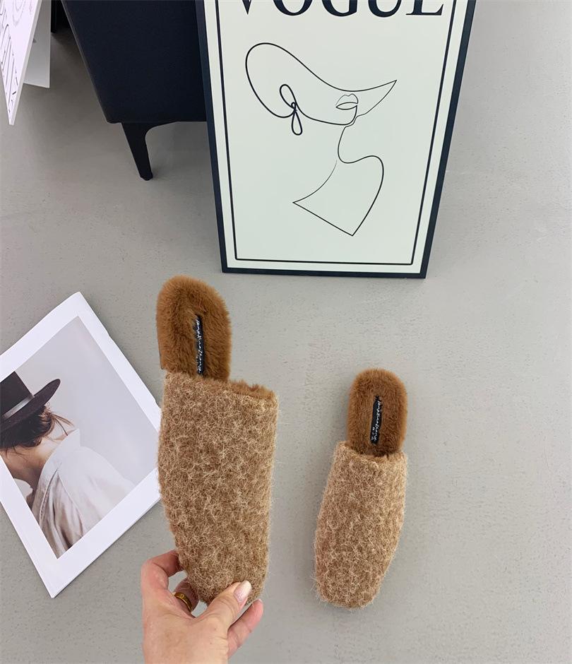 2025 new autumn and winter flat-bottomed retro bag head half slippers plush shoes cotton mop
