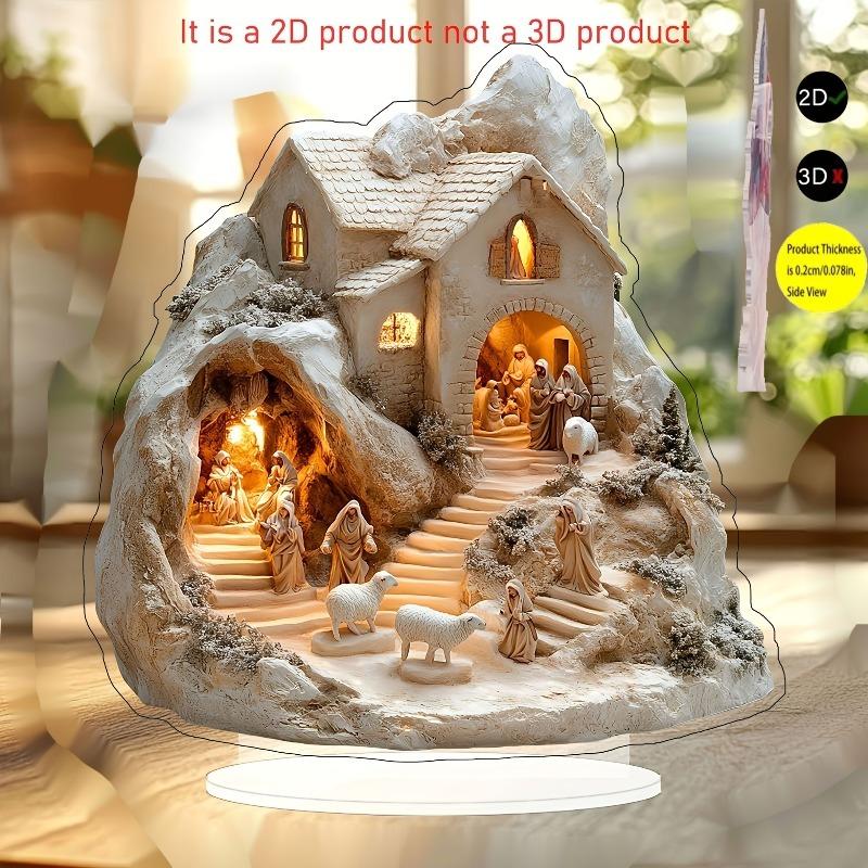 2D Flat Bohemian Style Acrylic Nativity Scene Desktop Decoration, Mary, Joseph, Shepherds & Sheep, Suitable for wall decoration, porch, room, villa, a 20*19.05CM