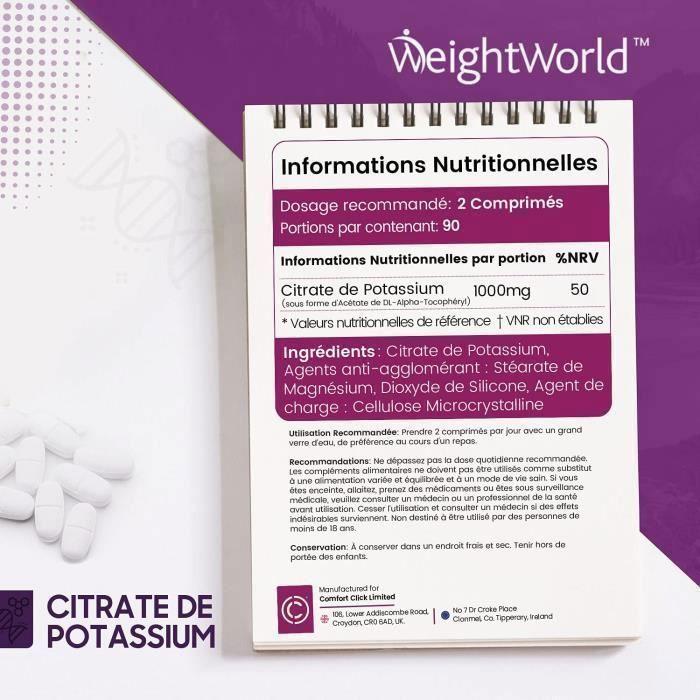 Citrate de potassium 1000mg - 180 comprimés vegan hautement dosés (3 mois)