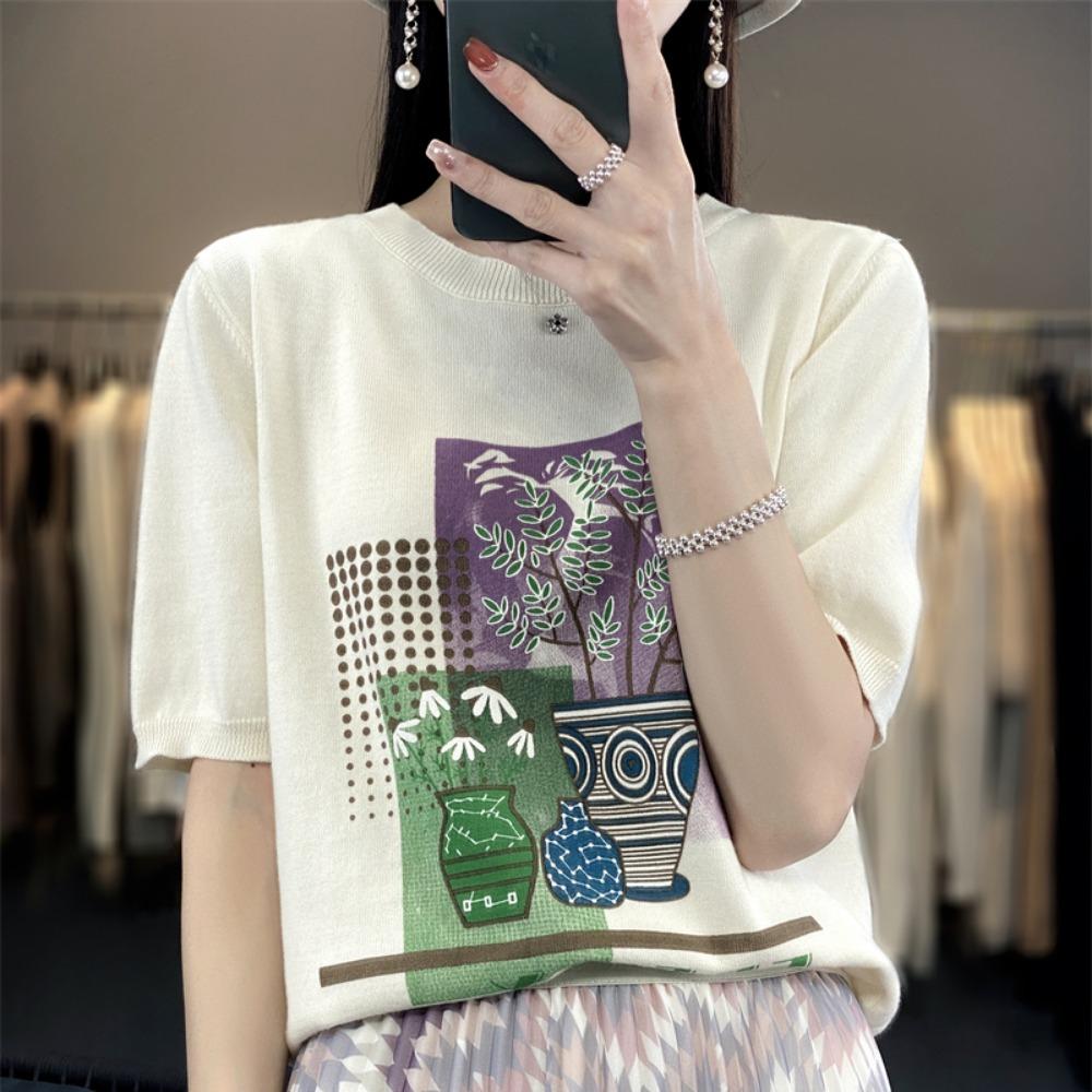 Summer New Knitted Short-Sleeved Women's Round Neck Color Matching Printed T-Shirt Loose Plus Size Half Sleeve Top