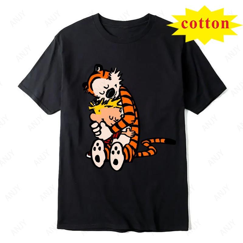 Calvin And Hobbs Tiger Hug Printed Tshirt American Retro Comic Unisexs And Unisexs Short Sleeve Shirt