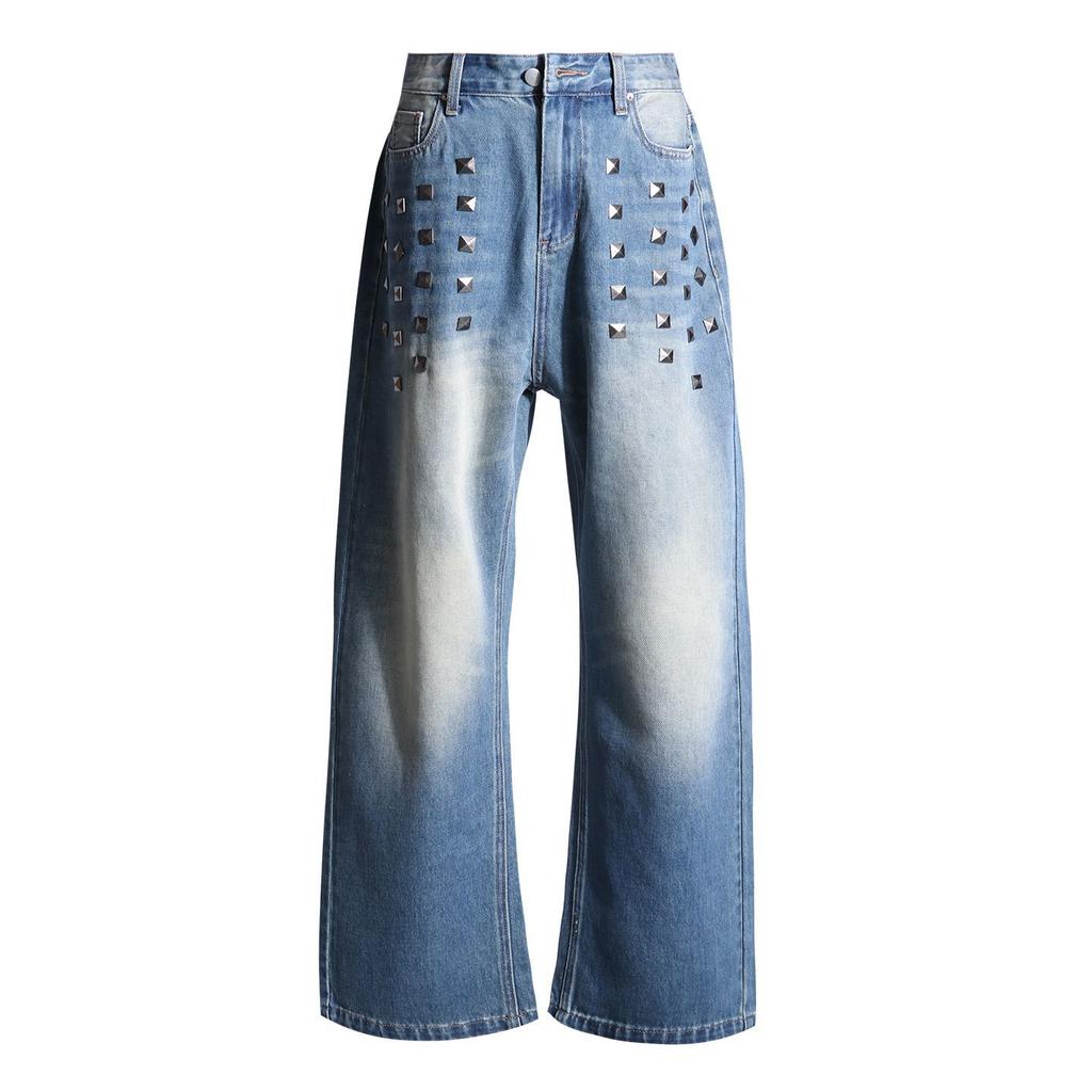 Spring Niche Street Rivet Button Relax Wide Leg Denim Pants For Women Casual Pants Oversize Denim Trousers