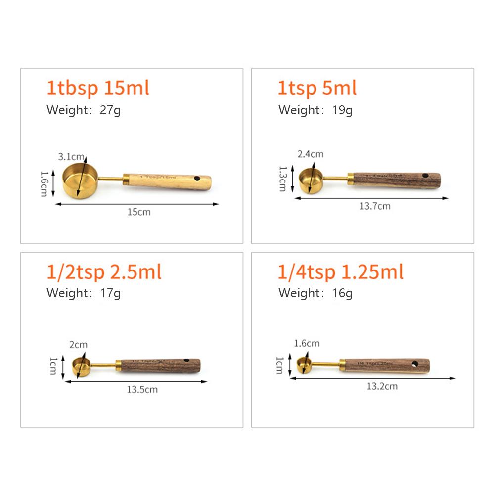 Metal Measuring Cups Set with Wooden Handle Kitchen Measure Cup Spoon Set Stainless Steel Stackable Gold Bar Baking Tools