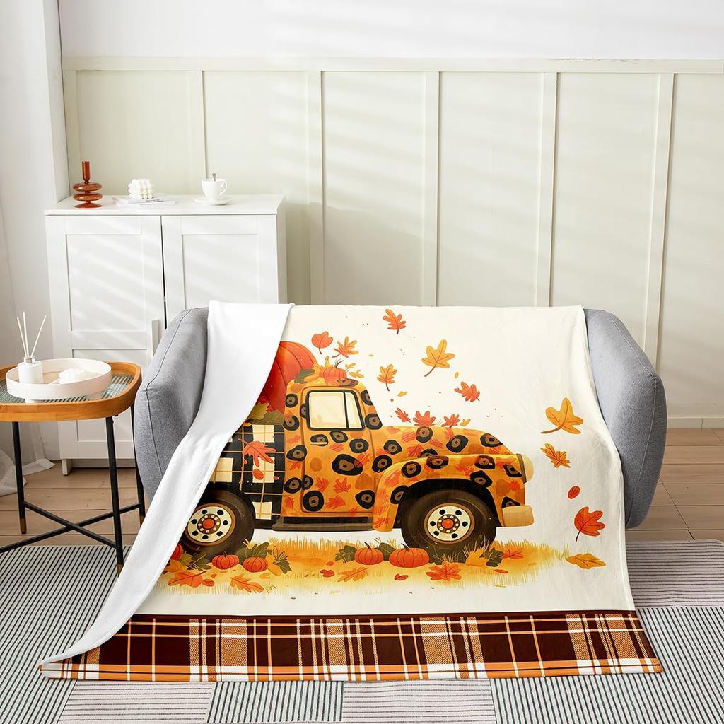 GUOYU Blanket Fall Pumpkin Harvest Fleece Flannel BlanketRustic Maple Autumn Leaves Bed Plush Blanket for Rustic Home DecorHarvest Patchwork