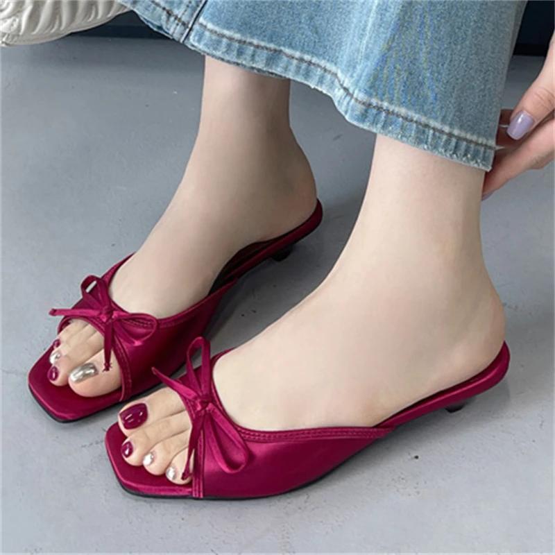 Summer Butterfly-kont Women Slippers Elegant Square Toe Party Dress Female Sandals Low Heels Shoes Large Size 43