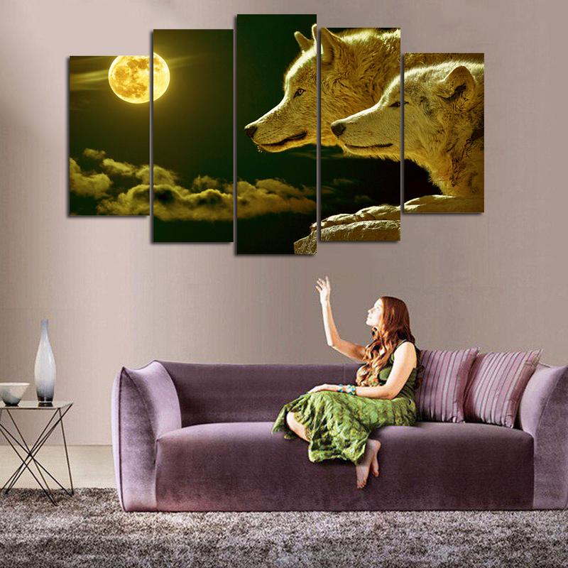 

5 картин волк и луна холст картины настенные художественные картины для гостиной современные декоративные фотографии животных домашний декор комнаты без рамки 20x35cm*2 20x45cm*2 20x55cm*1