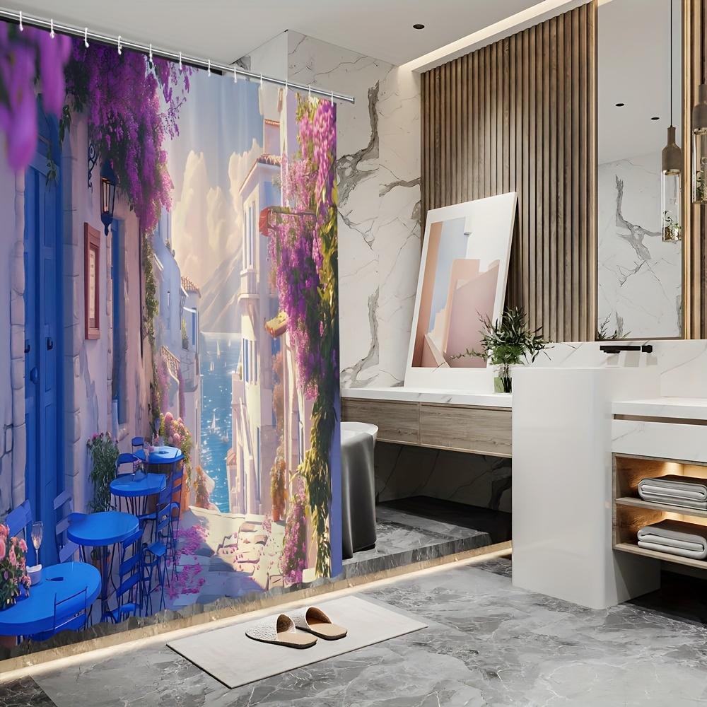 Charming Mediter 3D Shower Curtain -Purple Flower & Coastal Village Theme for Bathroom Decor,Adds Romantic and Serene Atmosphere