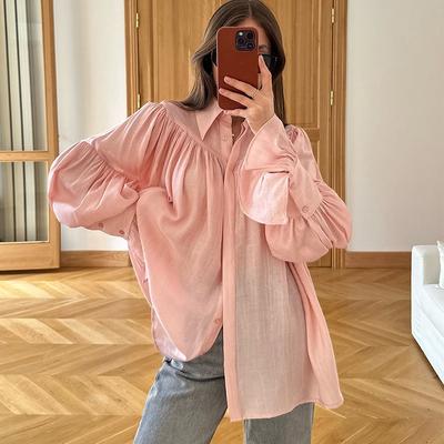 Chemises Décontractées Femmes Ample Manches Lanternes Boutons Col Rabattu Blouse Plissée Dame Printemps Été Chemises Vertes