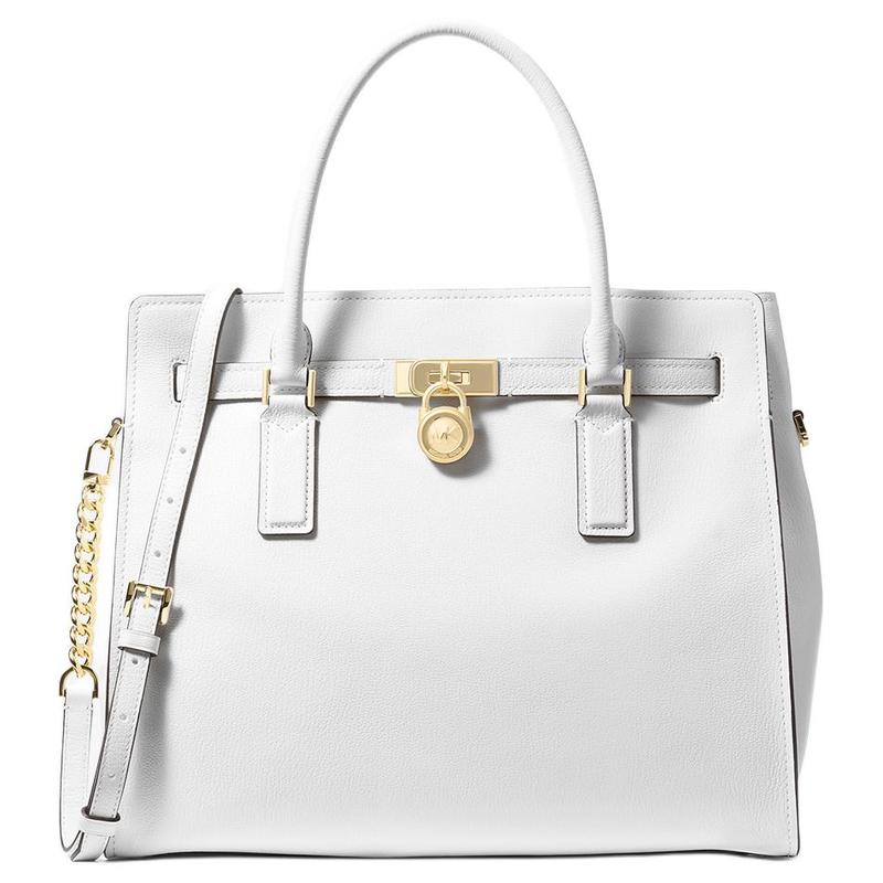 MICHAEL KORS Hamilton Moderne Metal Logo Charm Shoulder Strap Adjustable and Removable Leather Crossbody Handbag Large Women's White