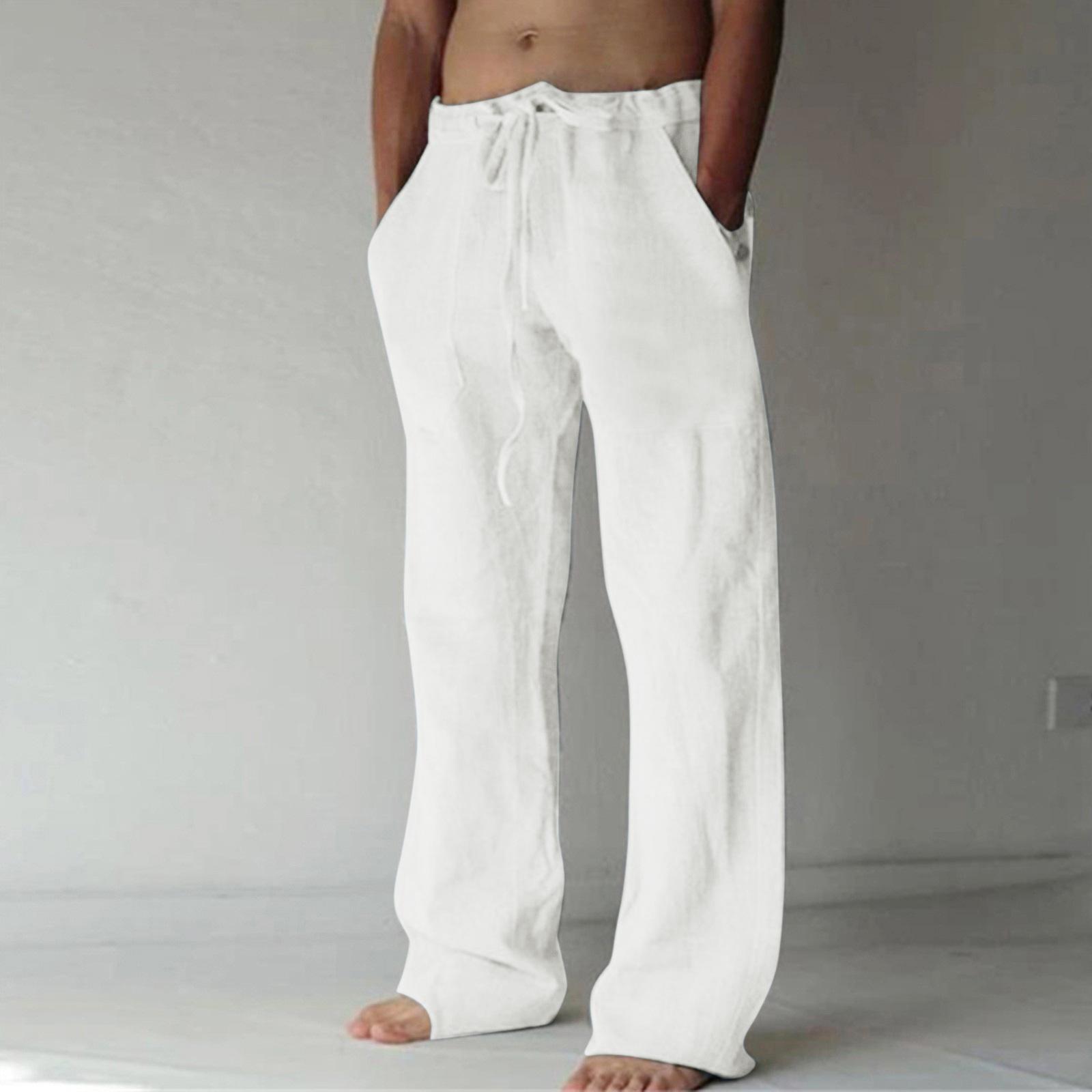 New men s casual plain-coloured lightweight linen loose-fit trousers S