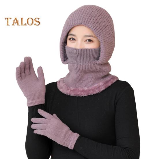 

2 шт./компл. женский комплект из шапки и перчаток, однотонная плюшевая подкладка, вязаная шапка-бини с защитой лица, головной убор, комплект из перчаток для вязания Sets фиолетовый