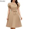 ZANZEA Women Casual Square Collar Summer Short Sleeve Pleated Dress