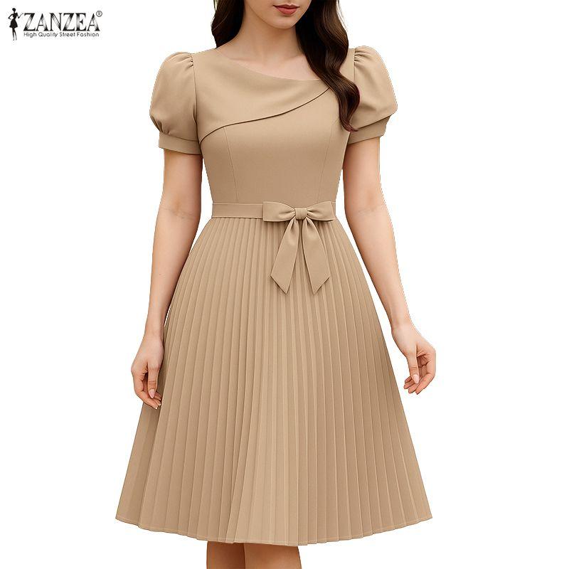 ZANZEA Women Casual Square Collar Summer Short Sleeve Pleated Dress