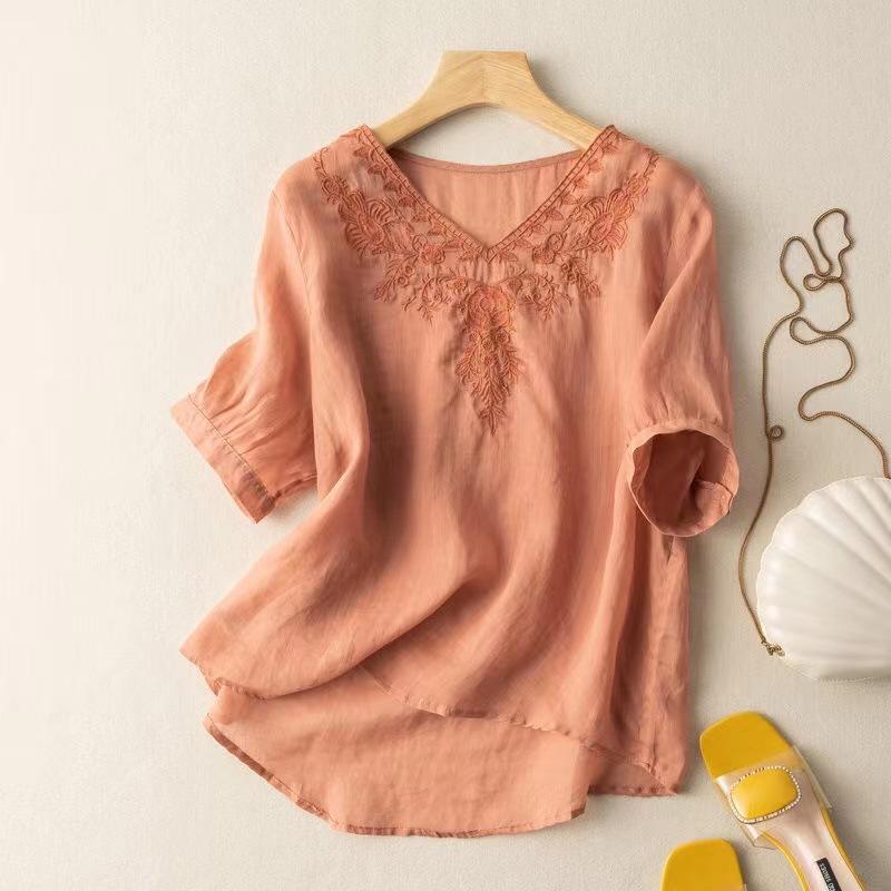 

Cotton and Linen Short-sleeved T-shirt Ladies s Summer V-neck Embroidery Loose Thin Section Slim Slimming Extended sizes Ladies s Clothing XXXL оранжевый