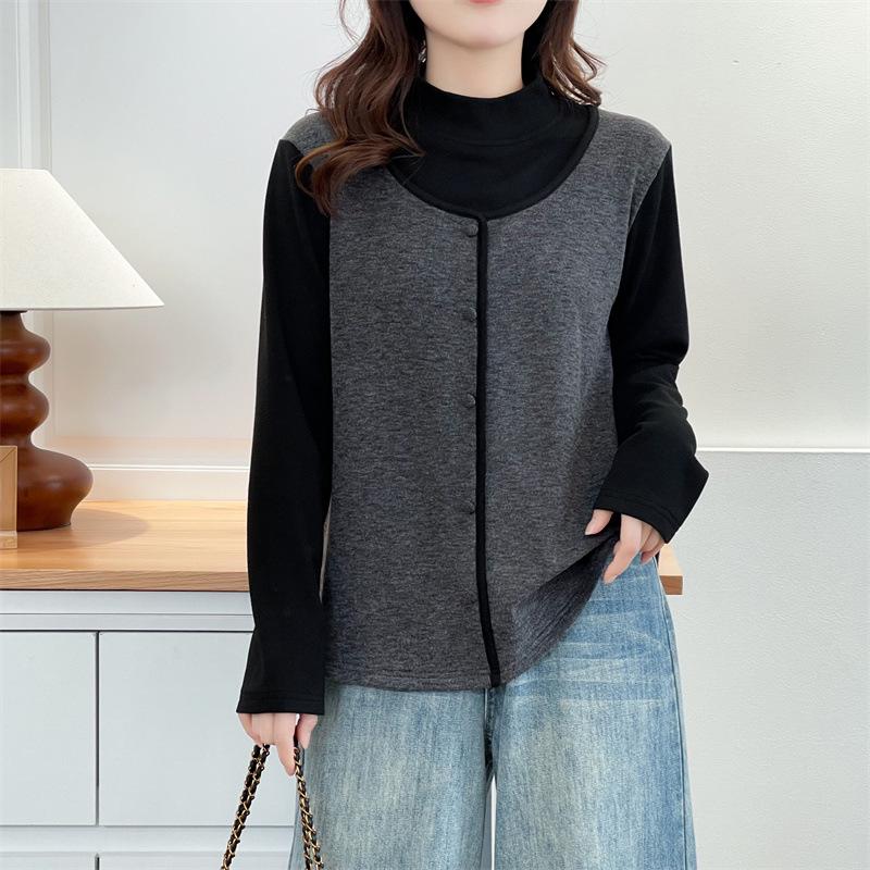 

2025 Autumn Winter Plus Size Stand Collar Velvet Women s Color Block Slimming Top for Chubby Girls - Thickened Inner Layer Fashion 4XL чорний/сірий колір