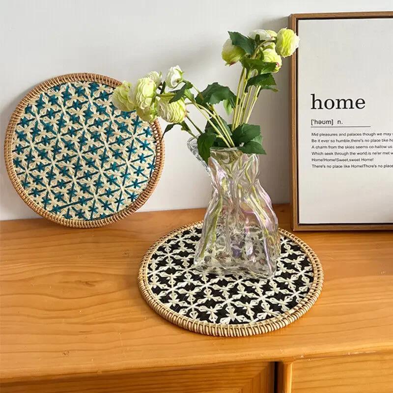 30/36cm Ethnic Style Color Handmade Rattan Tray Round Heat-resistant Teapot Pad Hotel Home Decor Dining Table Heat-insulate Pad