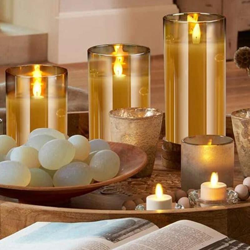 3Pcs/set LED Glass Candle Light Flickering Real Wax Fake Flame Battery Candles with Remote Control  for Christmas Wedding Decor
