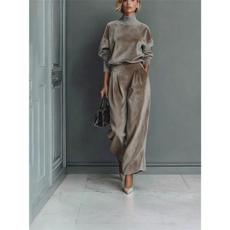 Velvet Matching 2 Piece Set Women Turtleneck Long Sleeve Top And Wide Leg Trousers