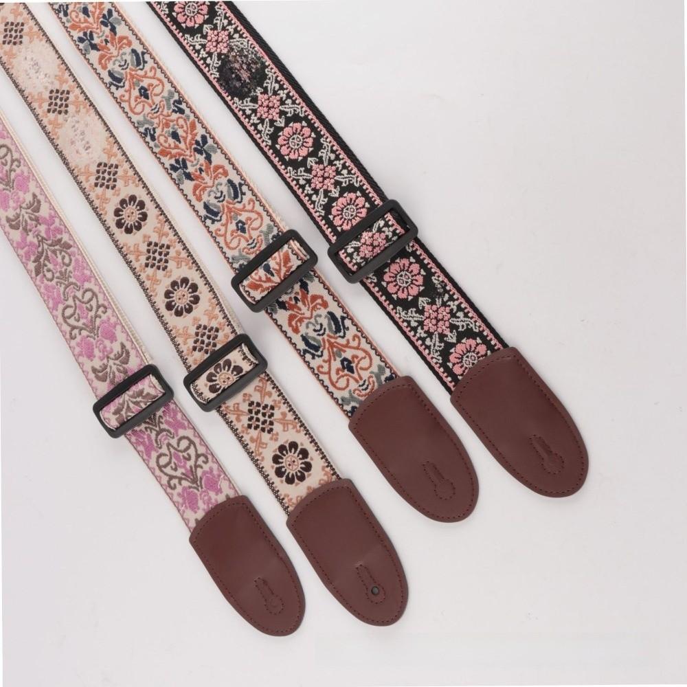 Leather Guitar Strap Embroidery Adjustable Neck Strap Durable Bass Strap for Bass Guitar