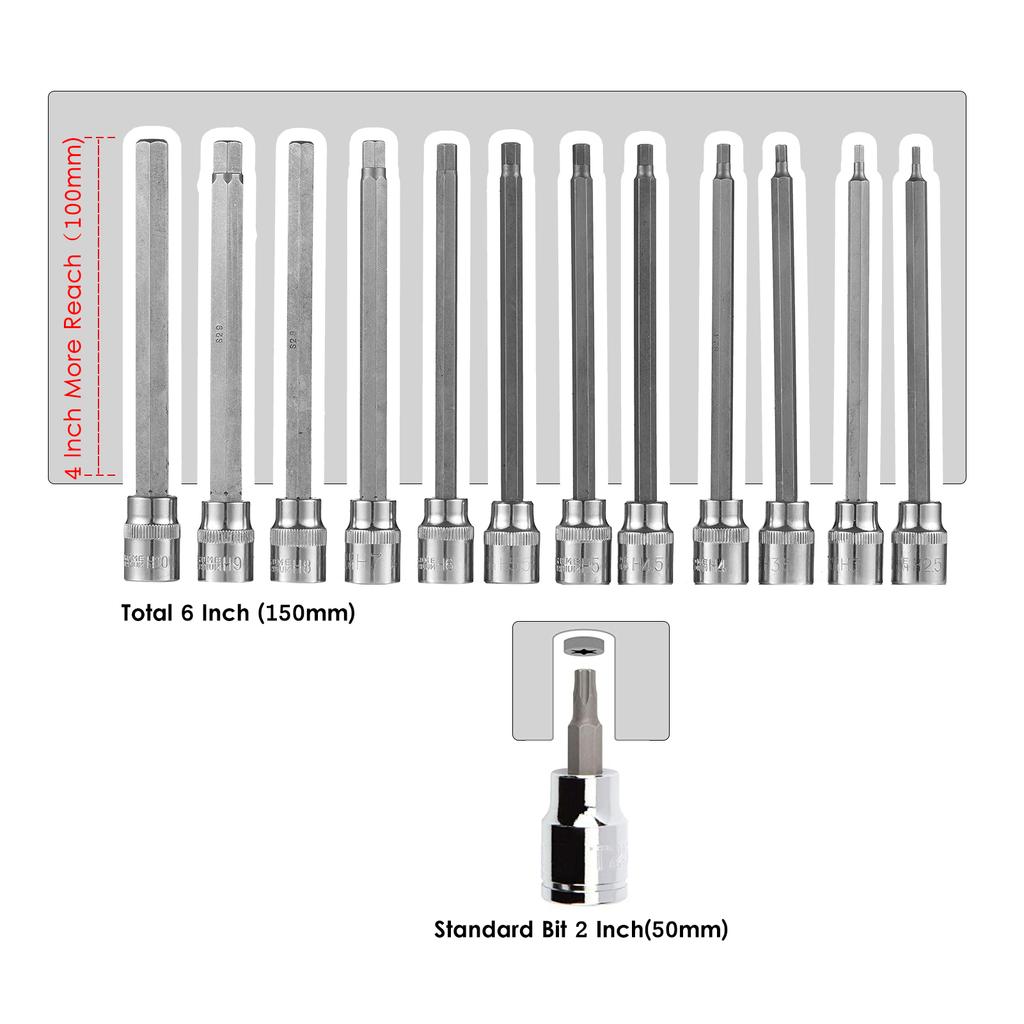 15-teiliger, metrischer, extra langer Innensechskant-Bit-Steckschlüsselsatz mit 3/8-Zoll-Antrieb