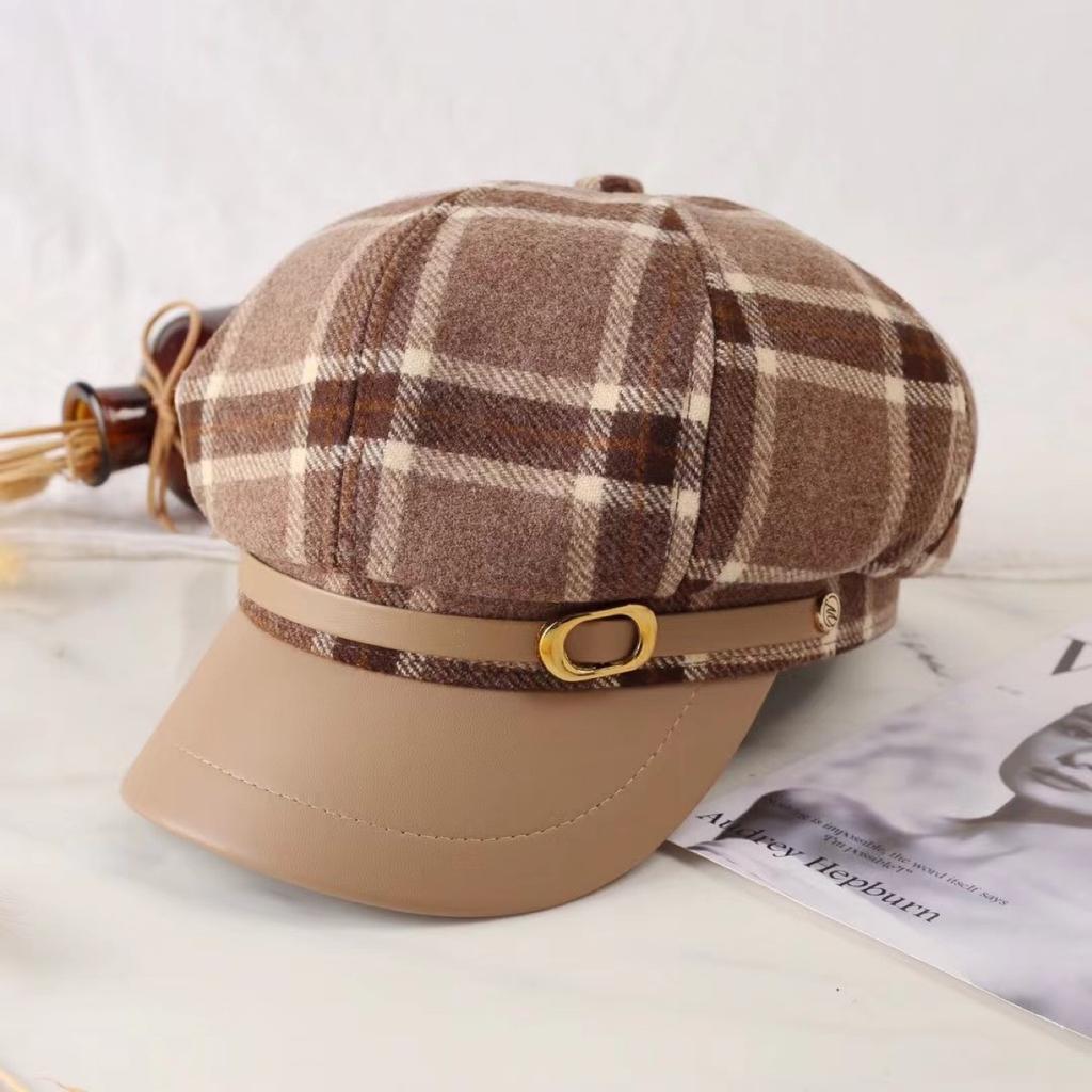Women'S Breathable Polyester Spandex Beret - Japanese and Korean Style Knitted Newsboy Cap, Classic Plaid Design for Autumn and Winter