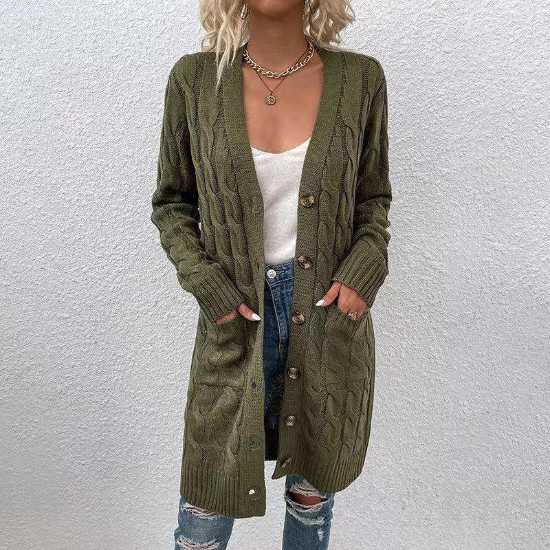 Solid Color Twisted Knit Long Cardigan with Single Buttons, New Vintage Style Pocket Sweater for Women, Suitable for Autumn And