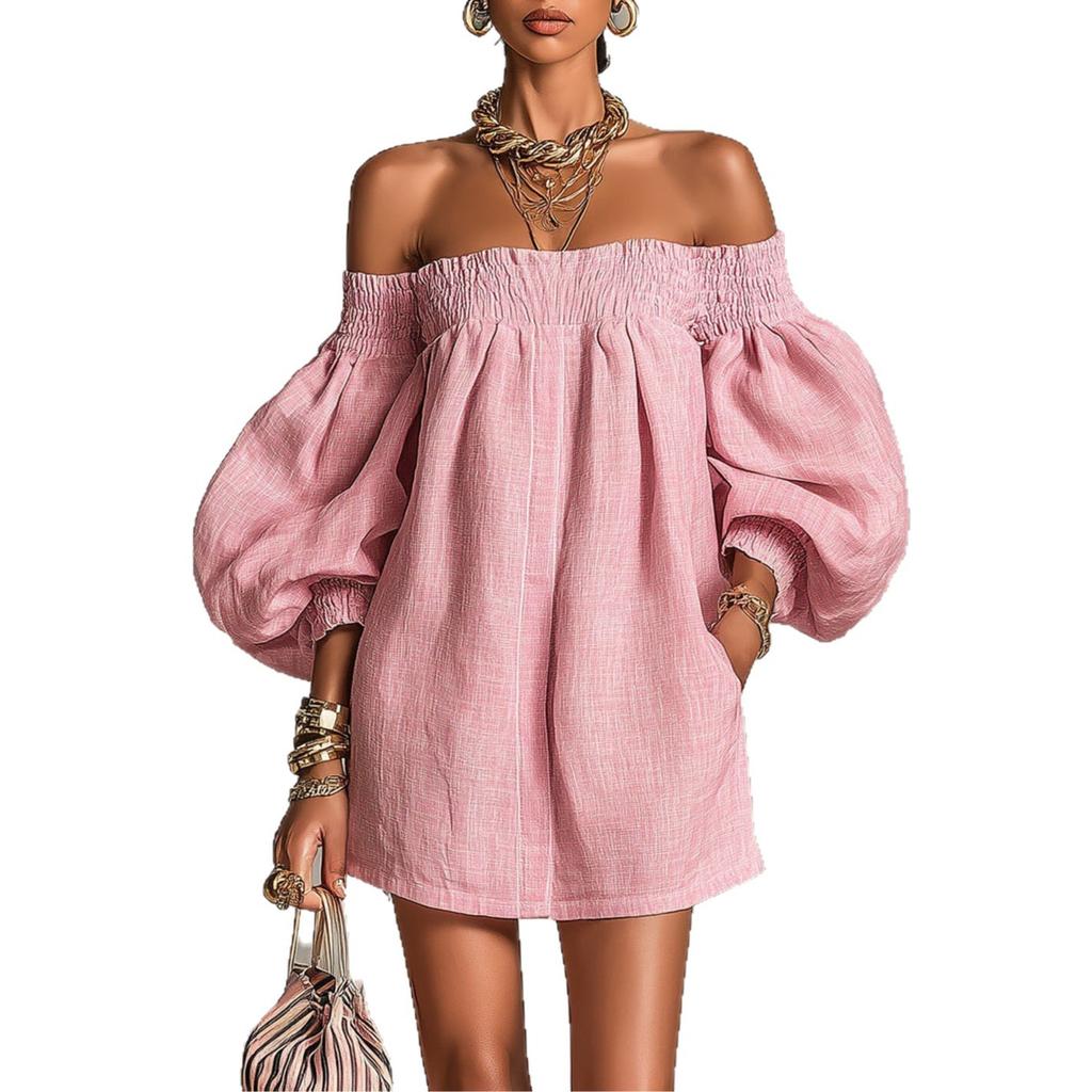 Summer women's clothing new European and American, temperament solid color off-the-shoulder lantern sleeve short dress