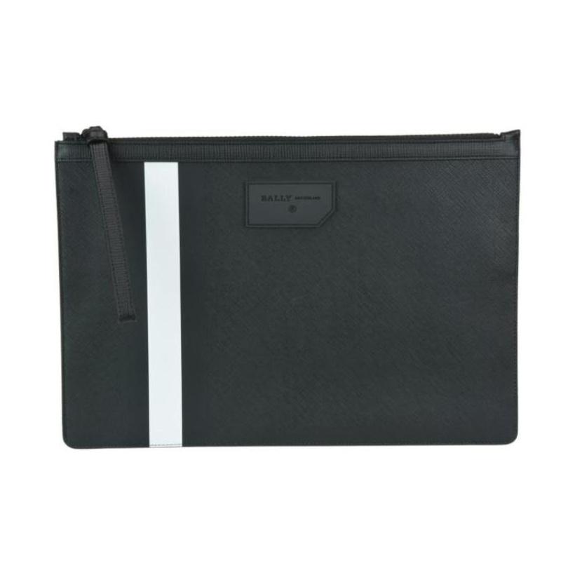 Bally Bollis Classic Black And White Striped Business Zipper Canvas Leather Wallet Clutch Large Men wallets 6224350 Basic Set (Bag+Dust Bag)