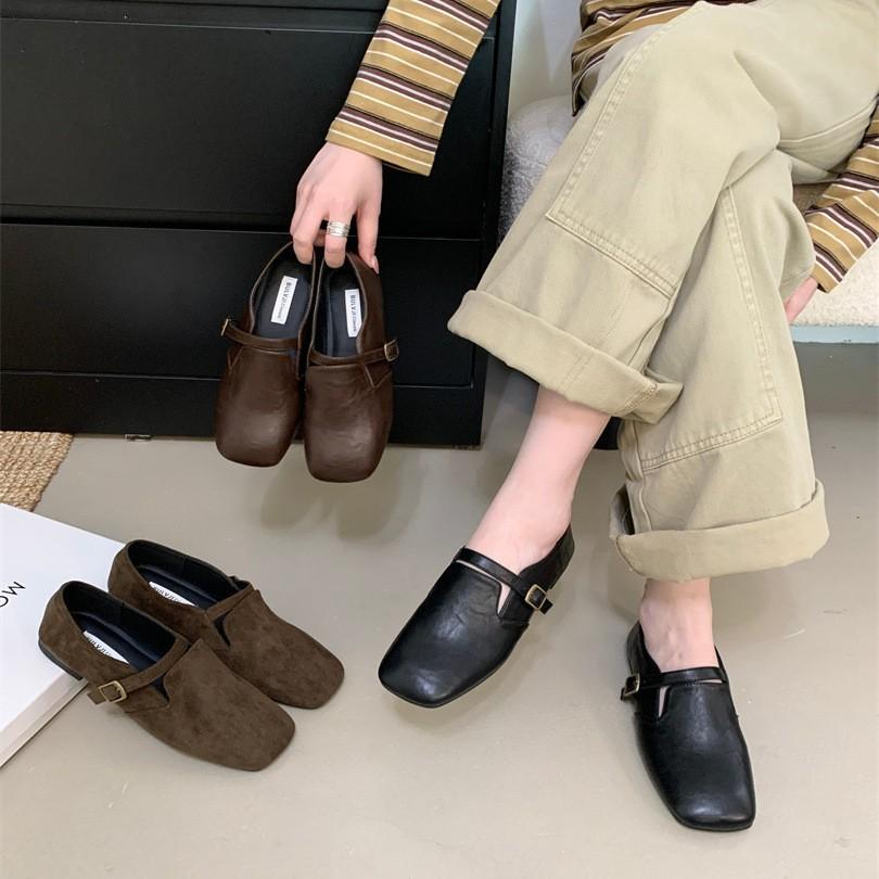 2025 spring new British style handmade buckle matte leather shallow mouth flat heel square head single shoes small leather shoes